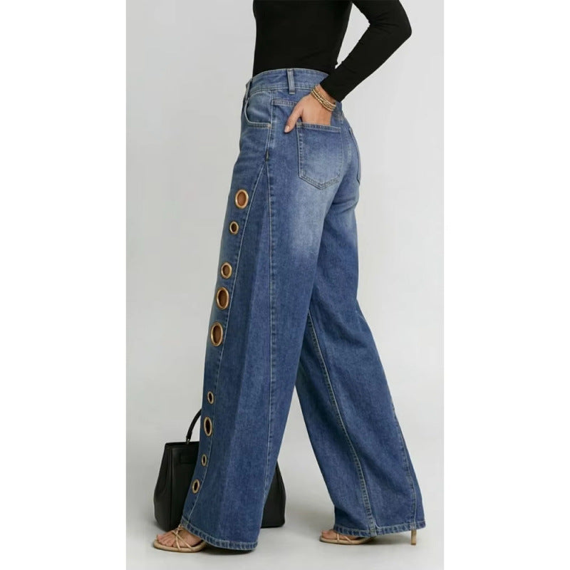 Metal Eyelet Loose Wide-Leg Jeans