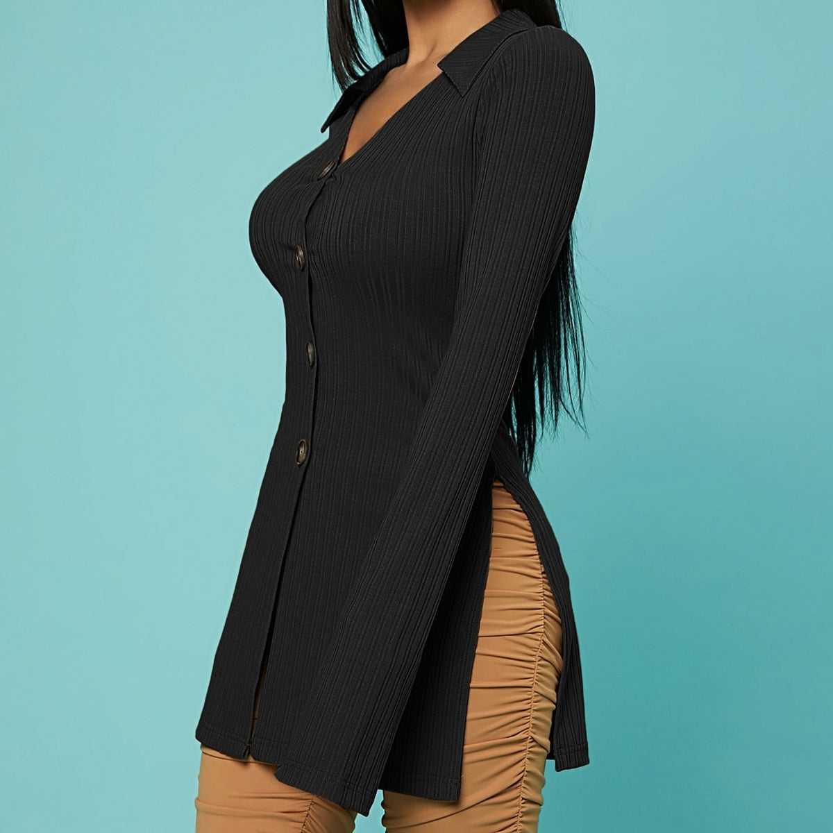 Ribbed Knit Button Cardigan Top – Black