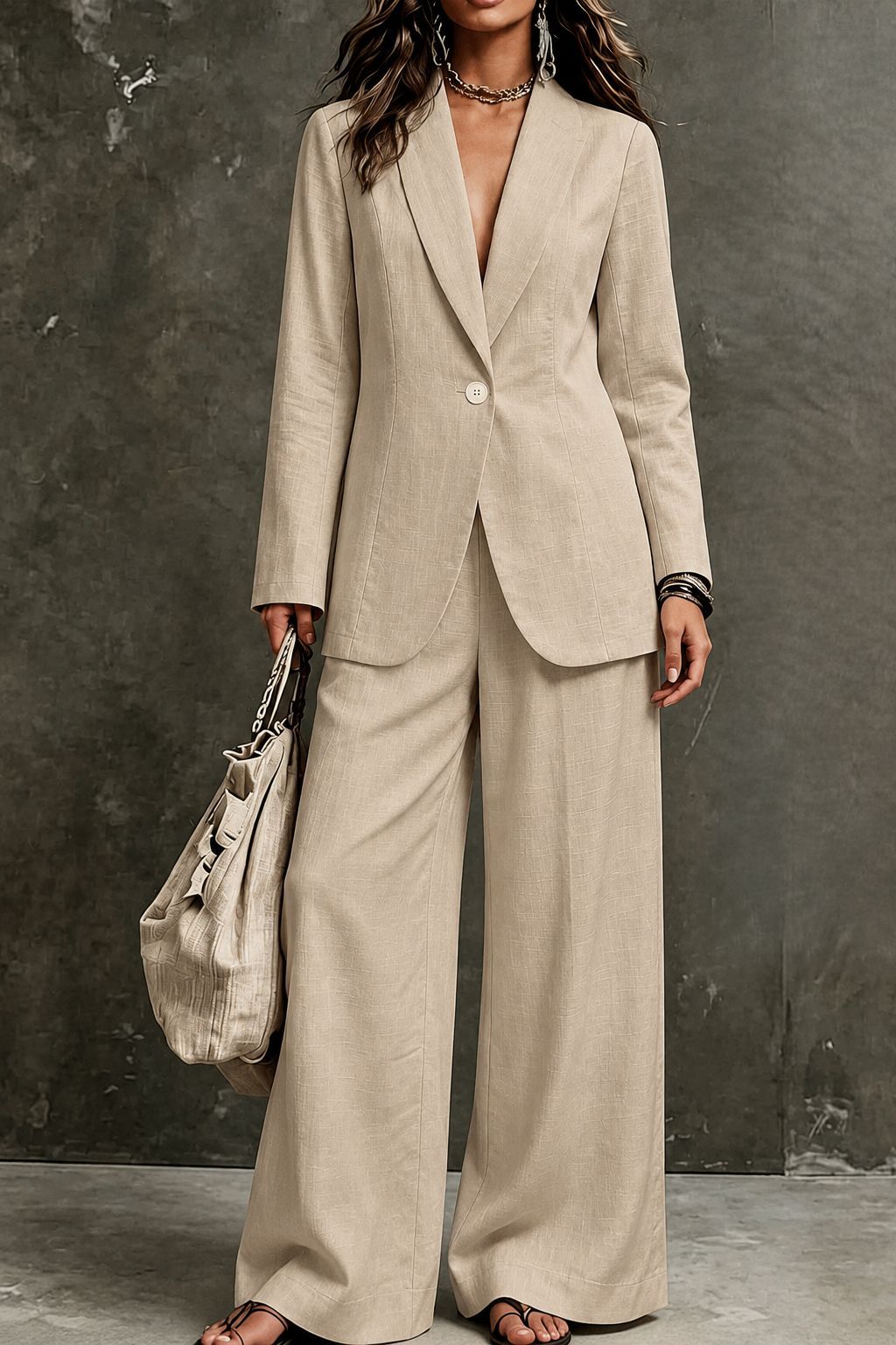 Women's Linen-Look Single-Button Blazer & Wide-Leg Trouser Suit Set