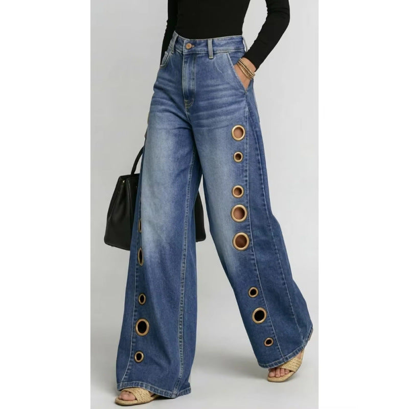 Metal Eyelet Loose Wide-Leg Jeans
