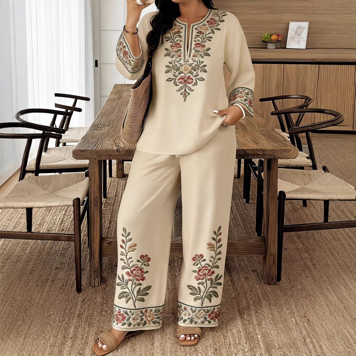 3D Two Piece Set with Long Sleeve Shirt and Cropped Pants