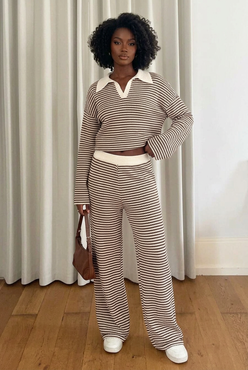 Striped Polo Crop Top & Trouse