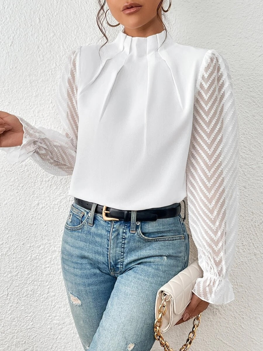 Wave Pattern Sheer Sleeves Blouse