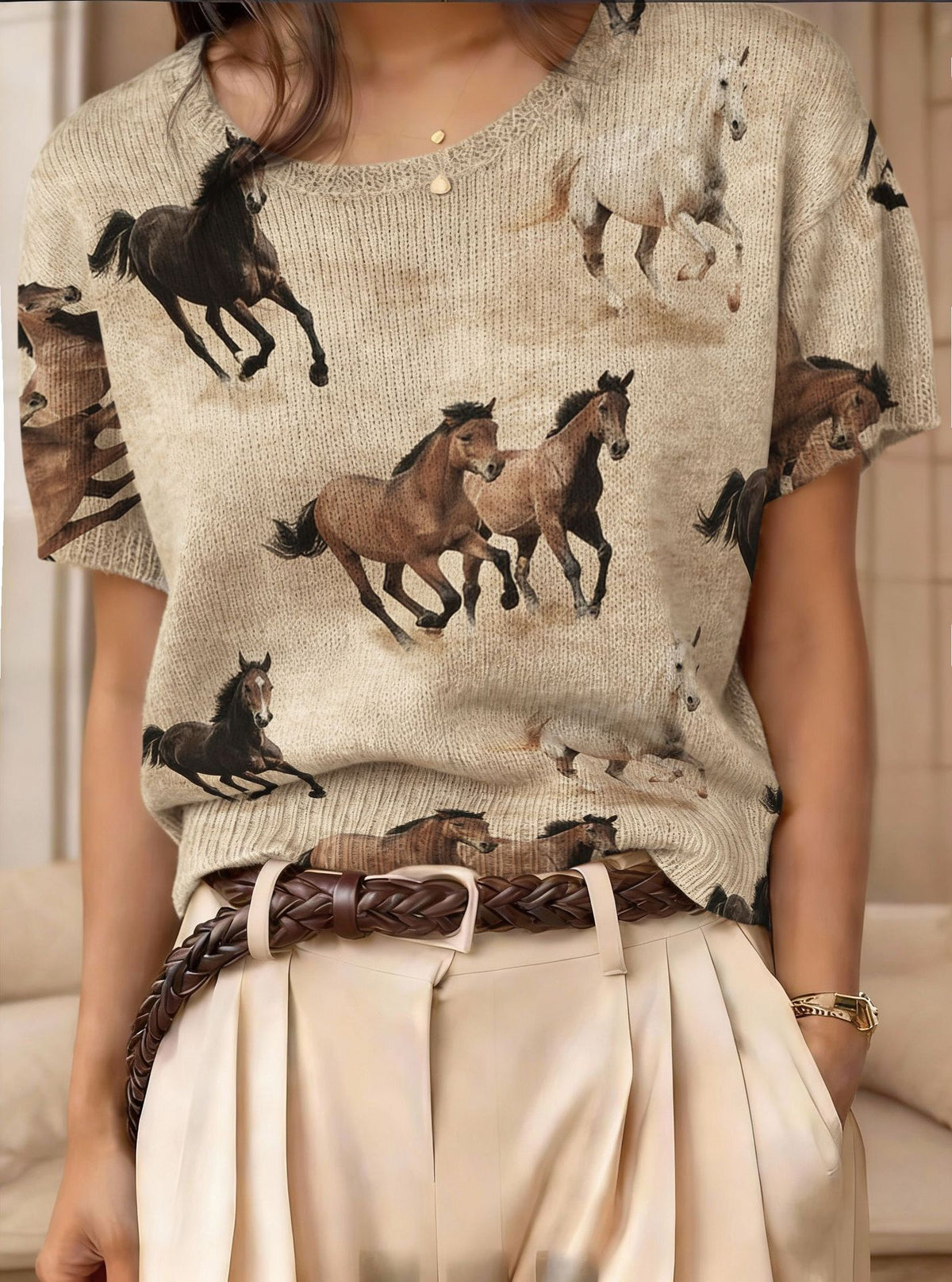 Retro Short-Sleeve Jacquard Knit Top
