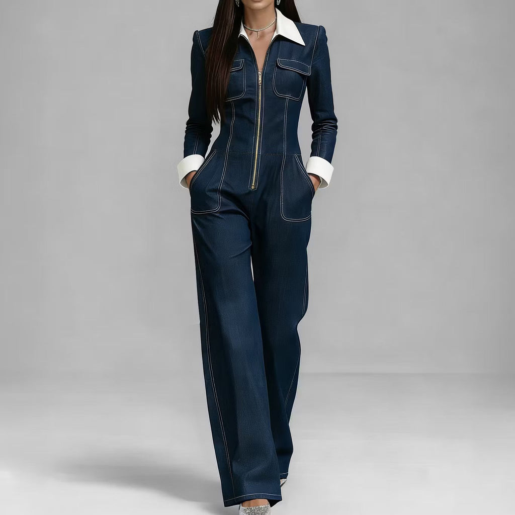 Denim Lapel-collar Long-sleeve Pocketed Jumpsuit