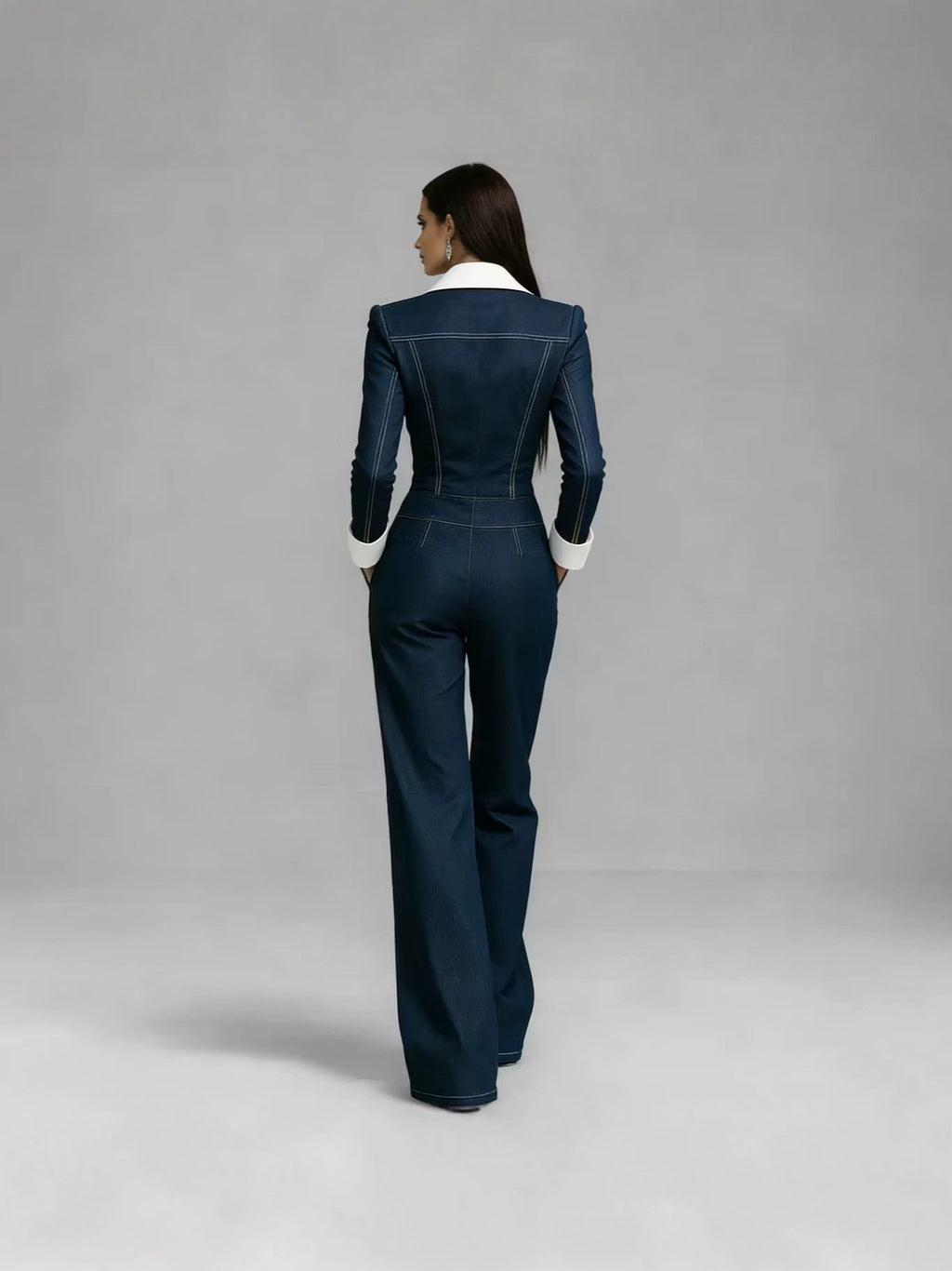 Denim Lapel-collar Long-sleeve Pocketed Jumpsuit