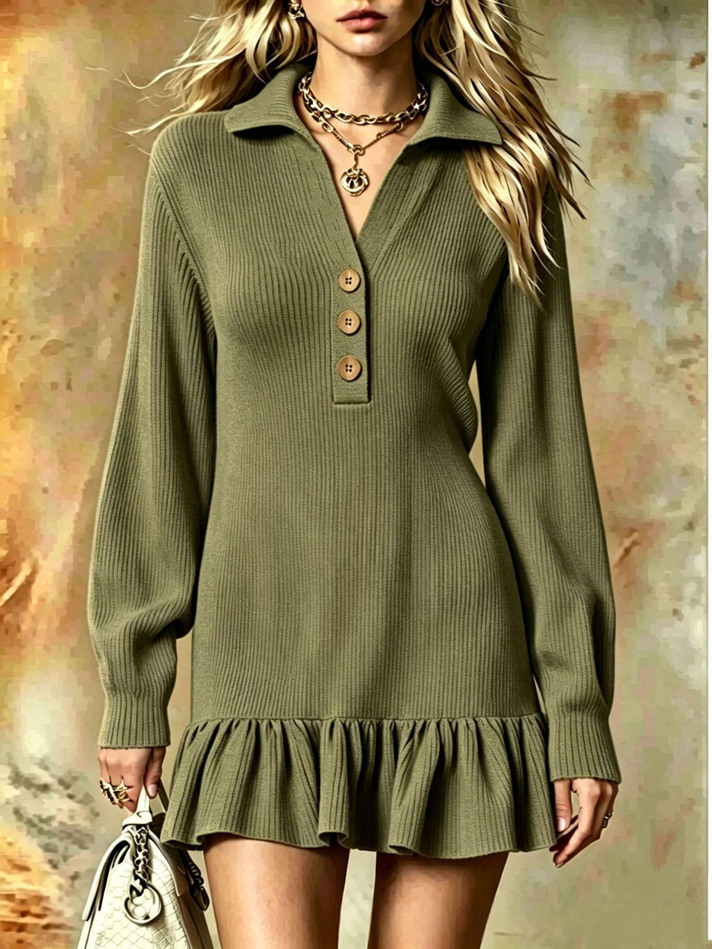 Ribbed Knit Polo Dress W/ Ruffle Hem Mini Dress