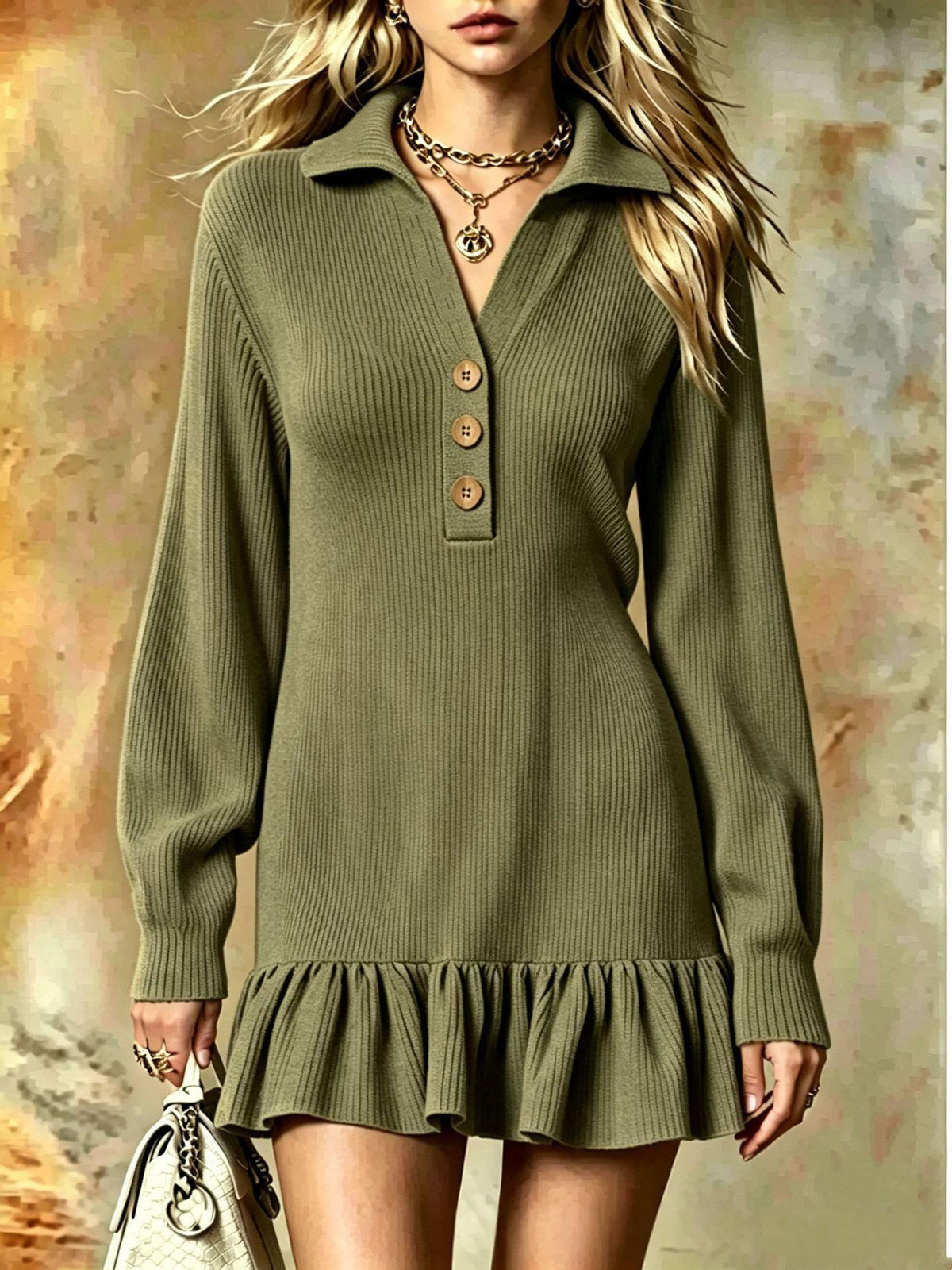 Ribbed Knit Polo Dress W/ Ruffle Hem Mini Dress
