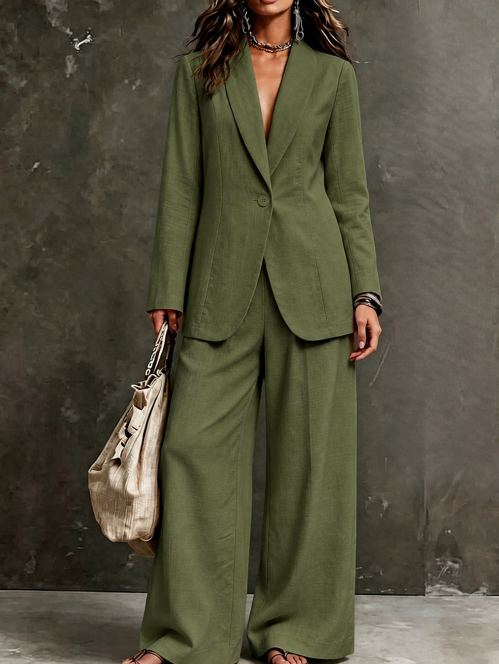 Women's Linen-Look Single-Button Blazer & Wide-Leg Trouser Suit Set