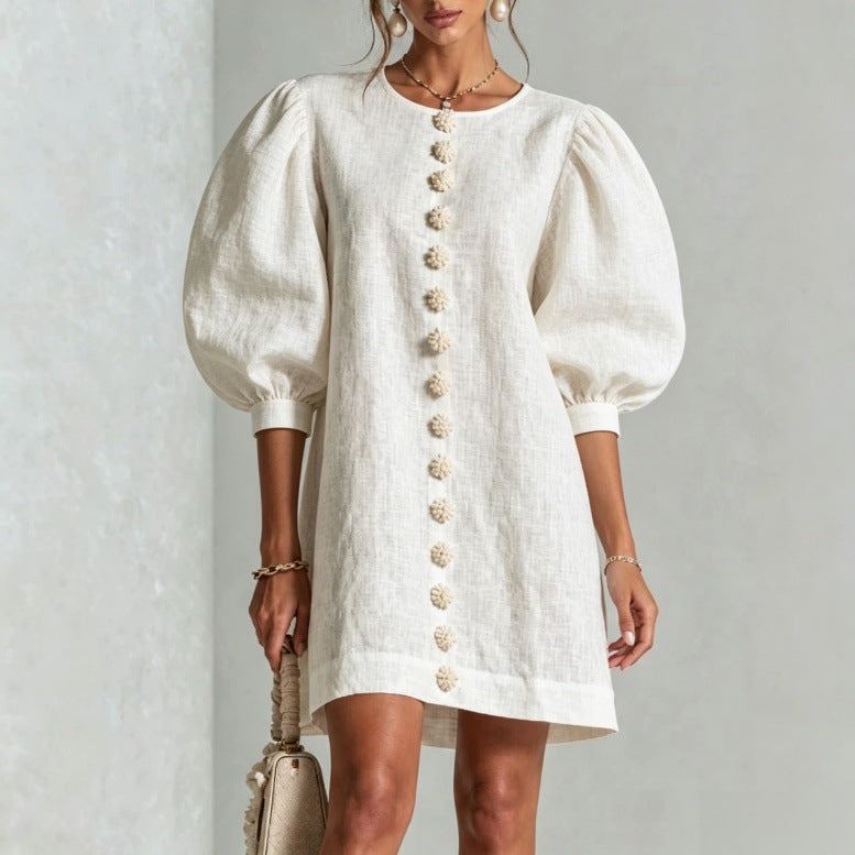 Button Front A-Line Puff Sleeve Dress