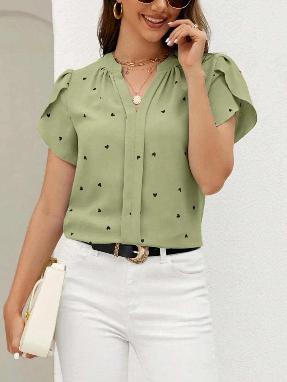 Petal Sleeve Pleated Front Elegant Top