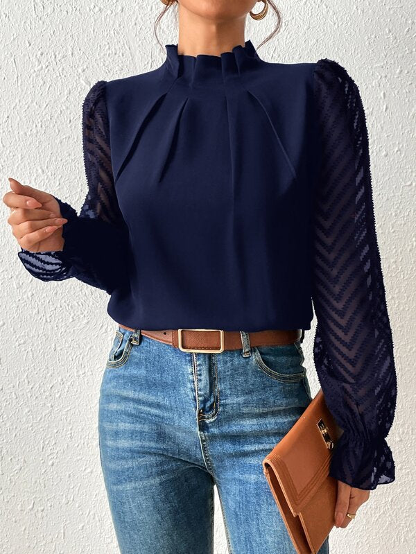 Wave Pattern Sheer Sleeves Blouse