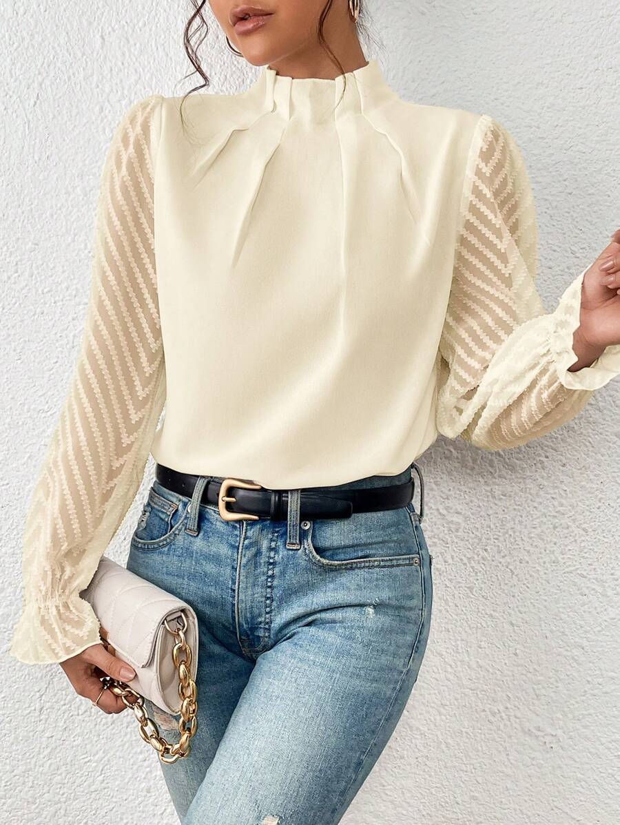 Wave Pattern Sheer Sleeves Blouse