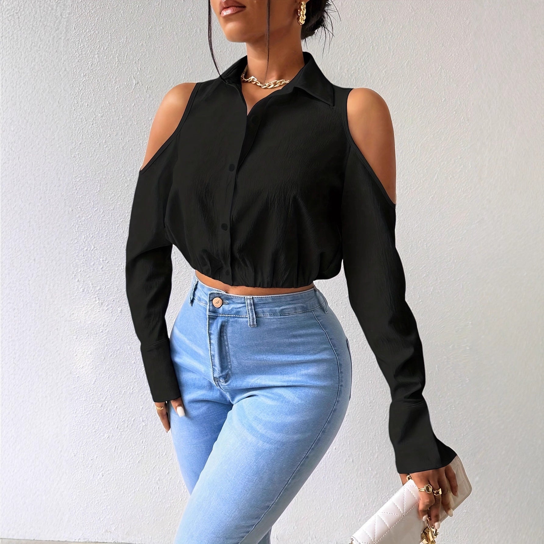 Textured Cold-Shoulder Blouse