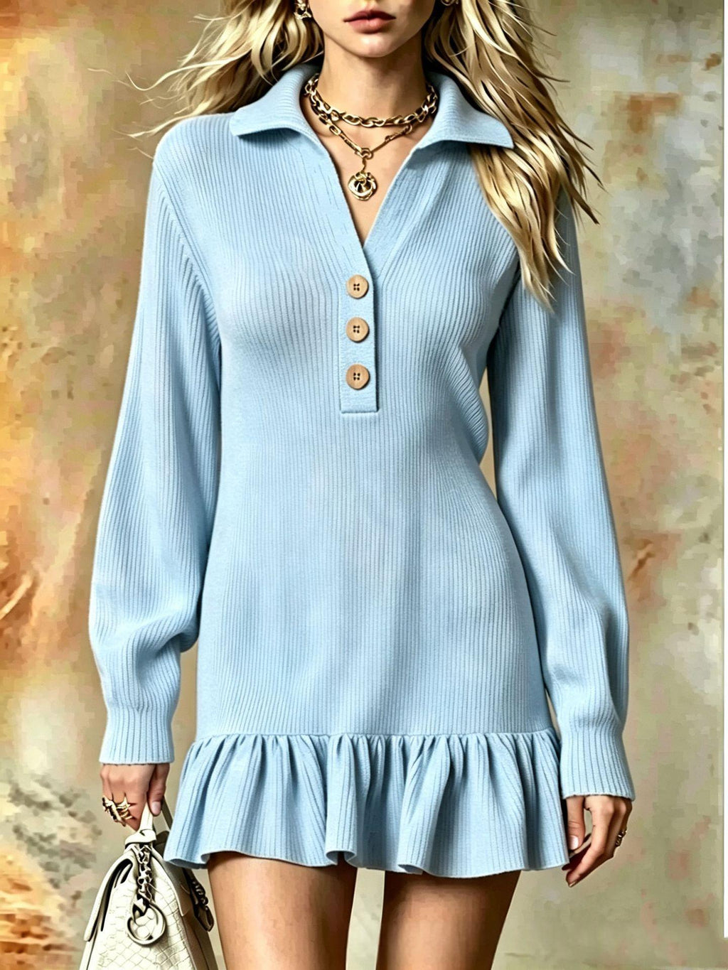 Ribbed Knit Polo Dress W/ Ruffle Hem Mini Dress