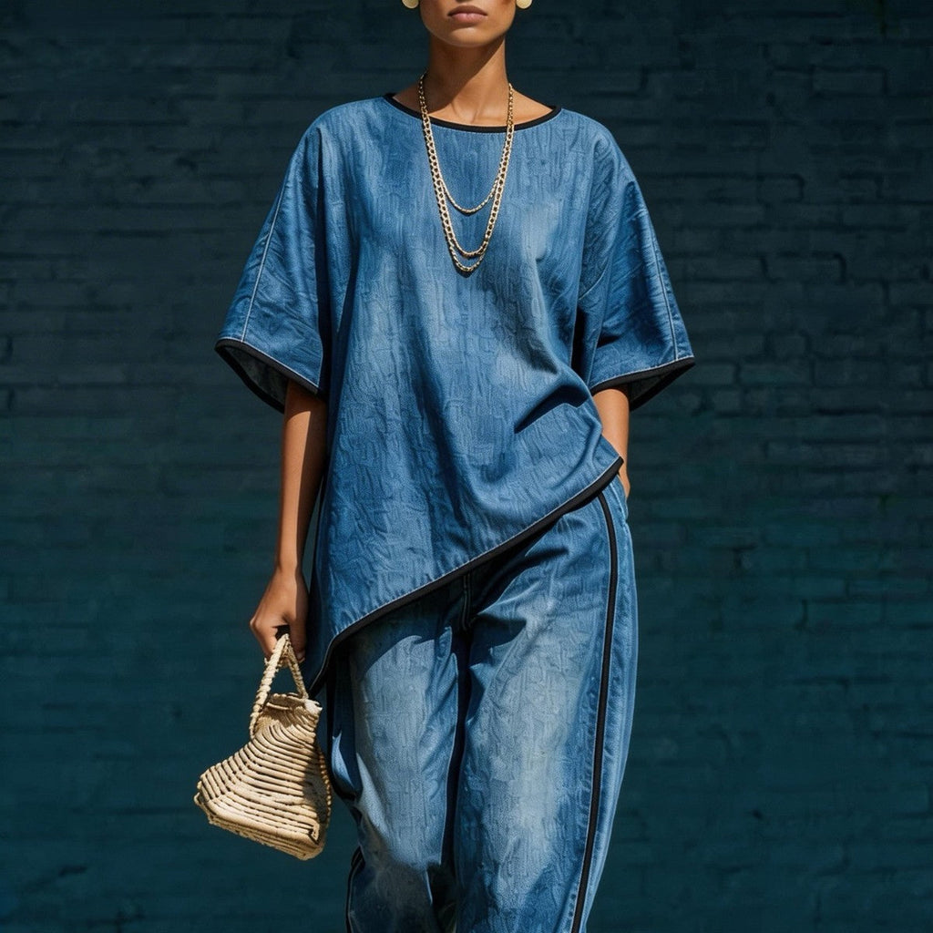 Denim-Style Knit Top & Wide-Leg Pants Set