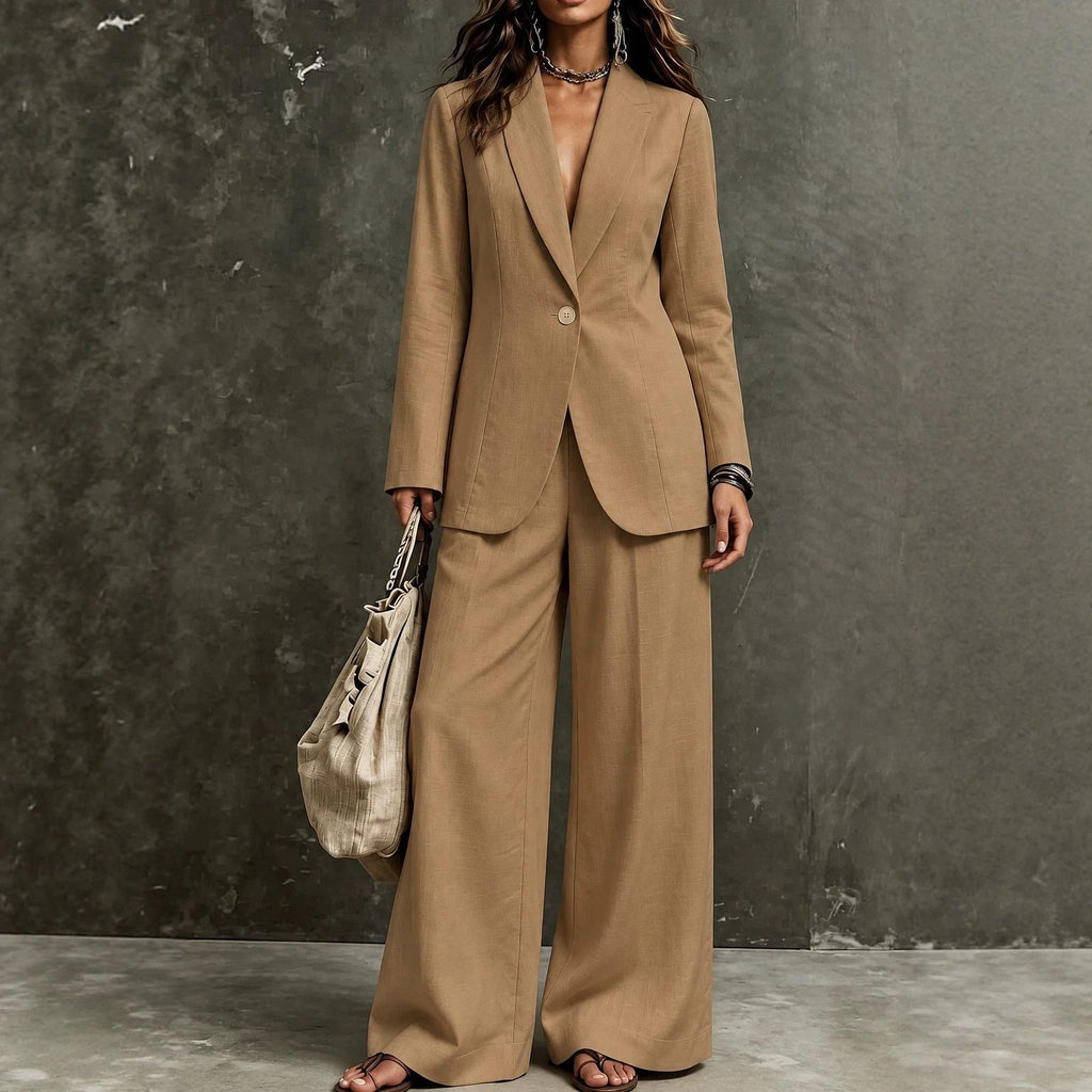 Women's Linen-Look Single-Button Blazer & Wide-Leg Trouser Suit Set