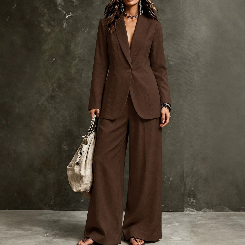Women's Linen-Look Single-Button Blazer & Wide-Leg Trouser Suit Set