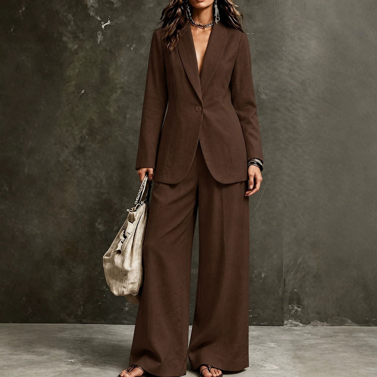 Women's Linen-Look Single-Button Blazer & Wide-Leg Trouser Suit Set
