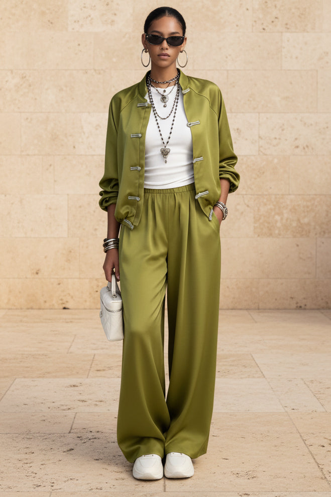 Satin Frog Button Jacket & Wide Leg Pants Set