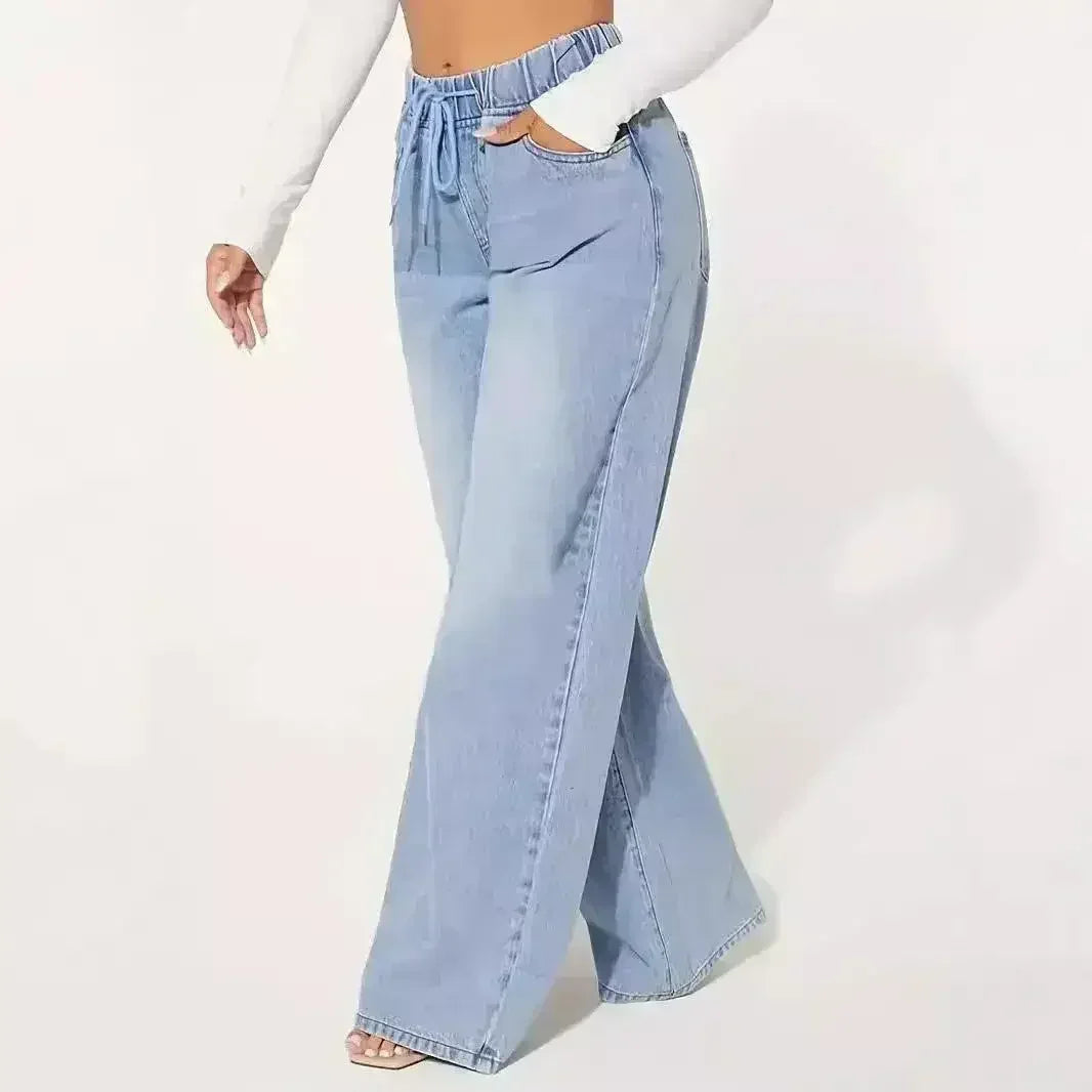 High Waist Drawstring Wide Leg Jeans