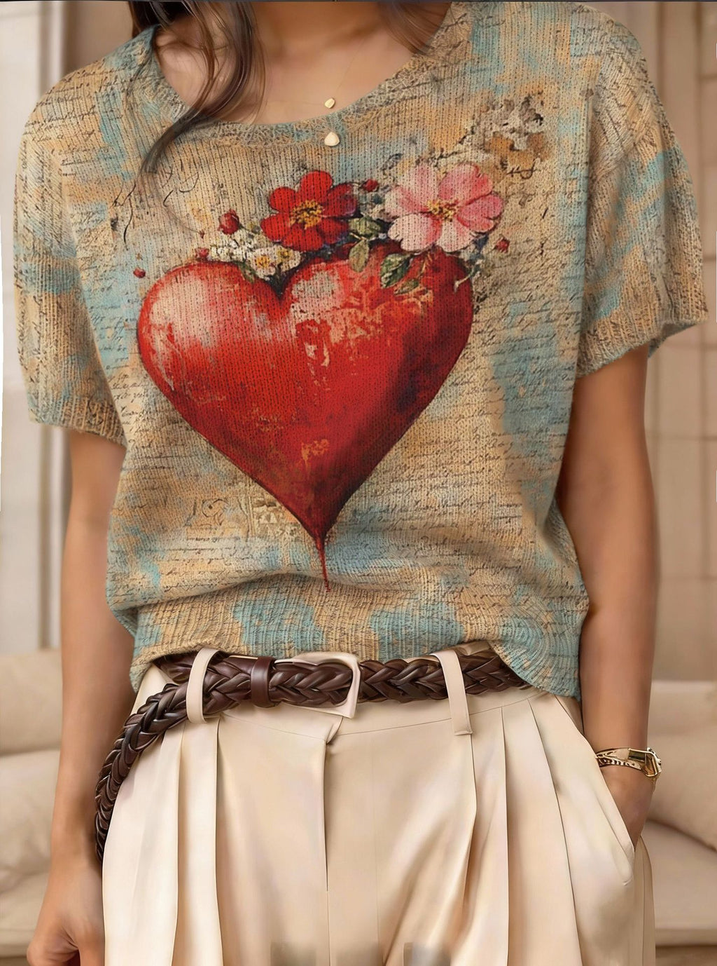 Retro Short-Sleeve Jacquard Knit Top