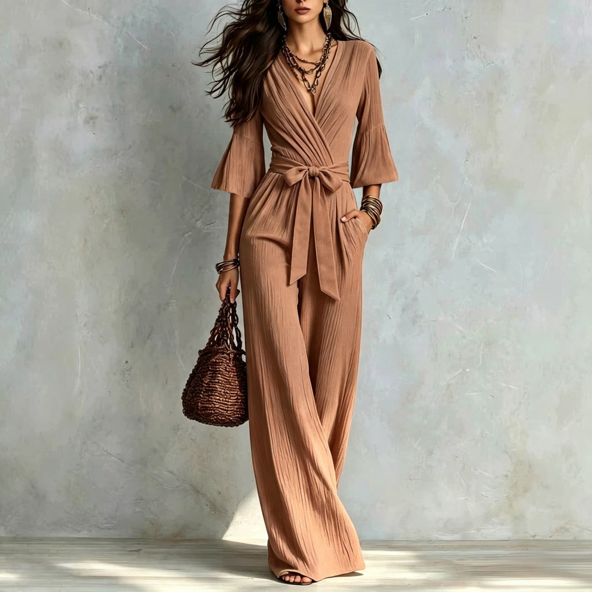Deep V-neck Jumpsuit With Bubble Sleeves And Wide-leg Pants