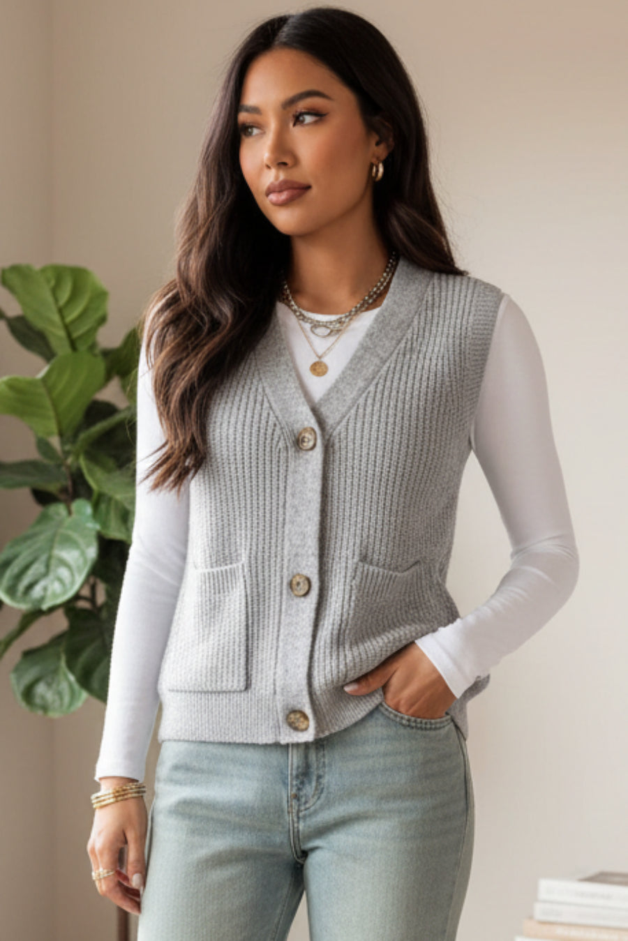 Loose Single-Breasted Knit Sweater Vest