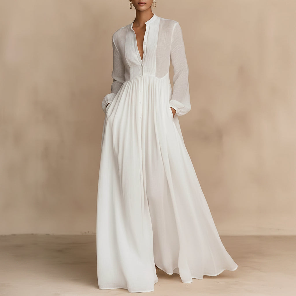 Chiffon French Style Long Sleeve Pleated A-Line Maxi Dress