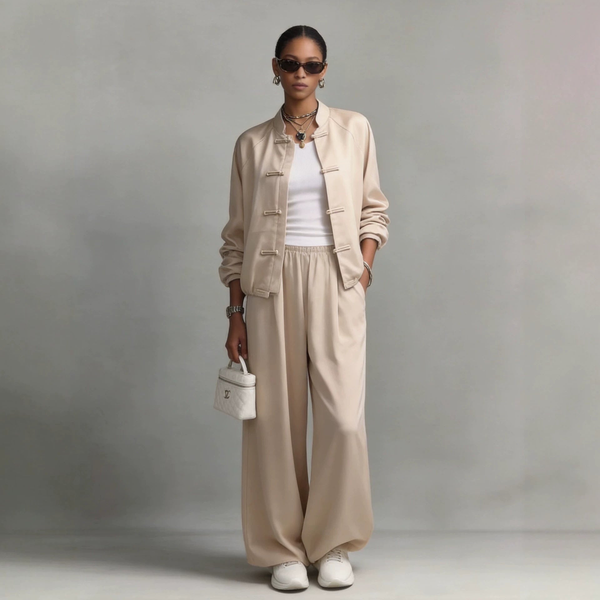 Satin Frog Button Jacket & Wide Leg Pants Set