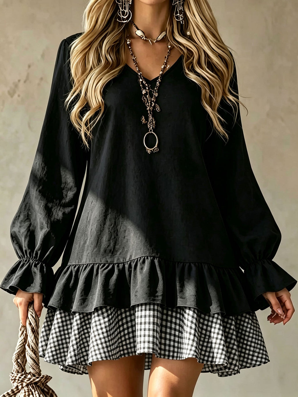 Plaid Patchwork Mini Dress W/ Ruffle Sleeve