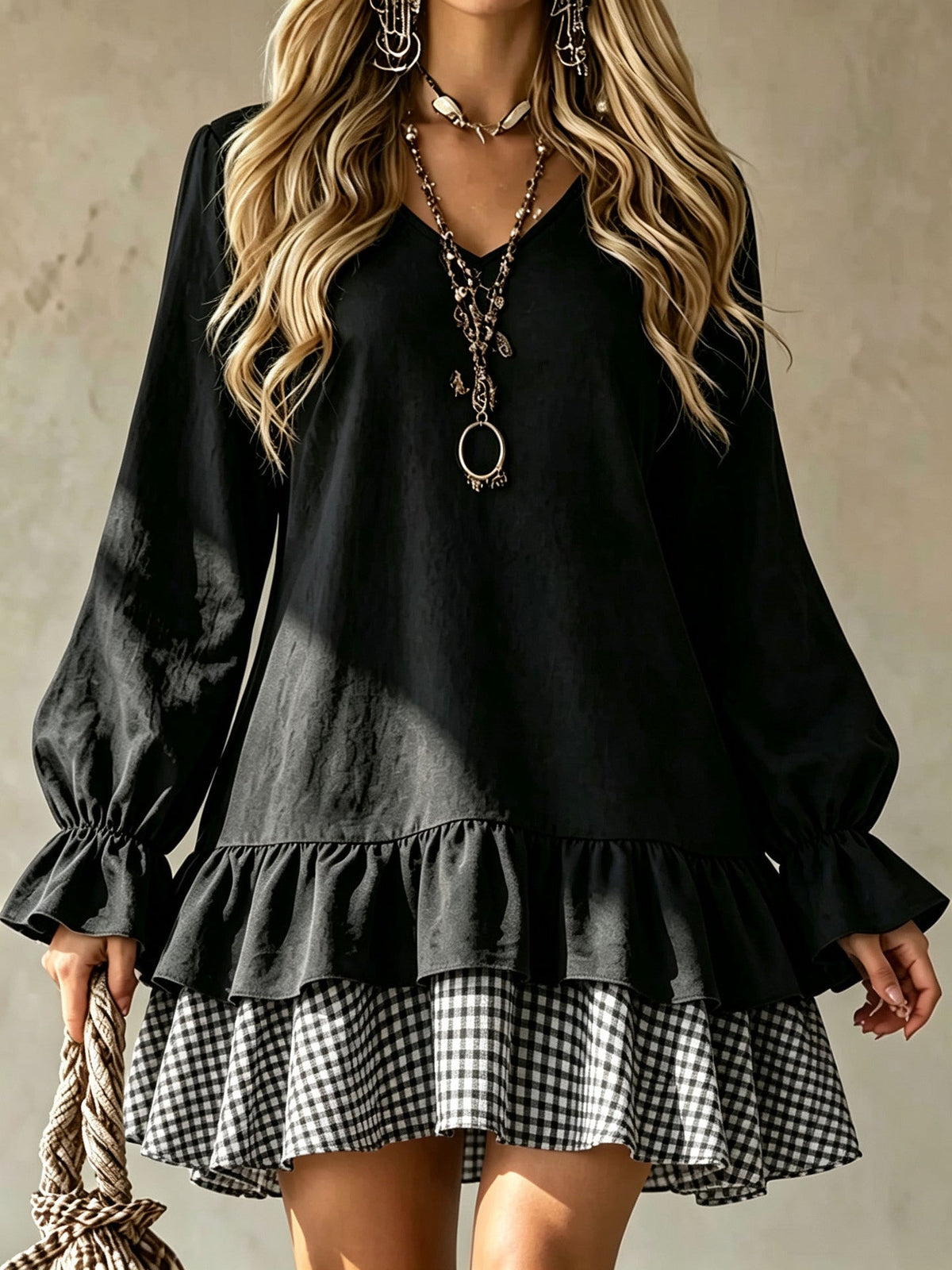 Plaid Patchwork Mini Dress W/ Ruffle Sleeve