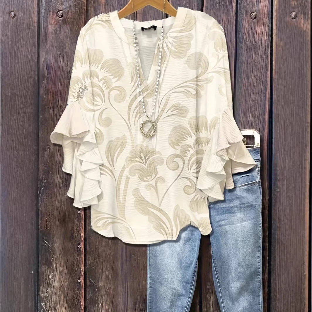 Lady 3D Print Ruffle Sleeve Loose Top