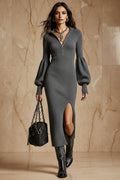 Lantern Sleeves Knit Midi Dress