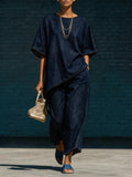 Denim-Style Knit Top & Wide-Leg Pants Set
