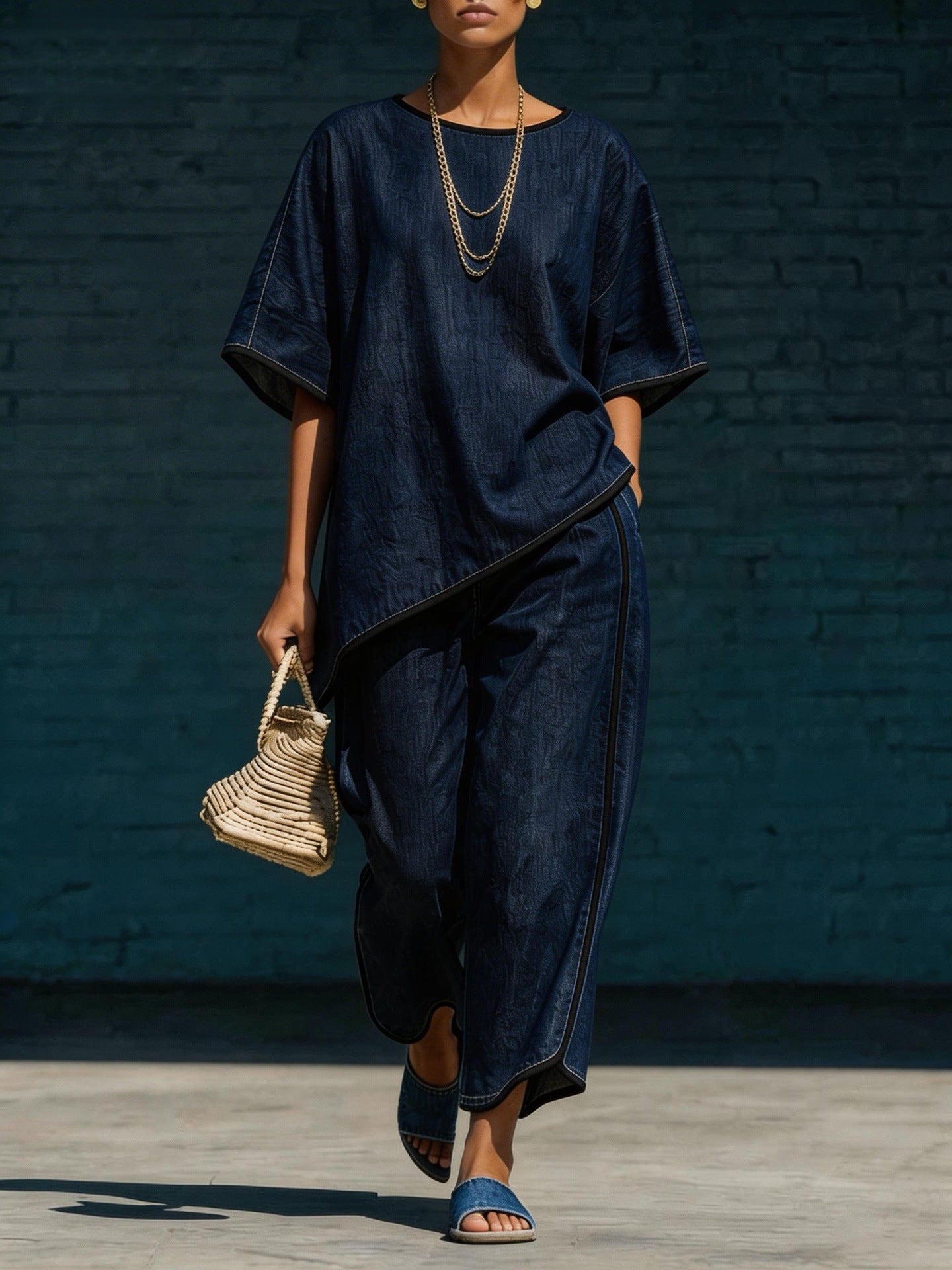 Denim-Style Knit Top & Wide-Leg Pants Set