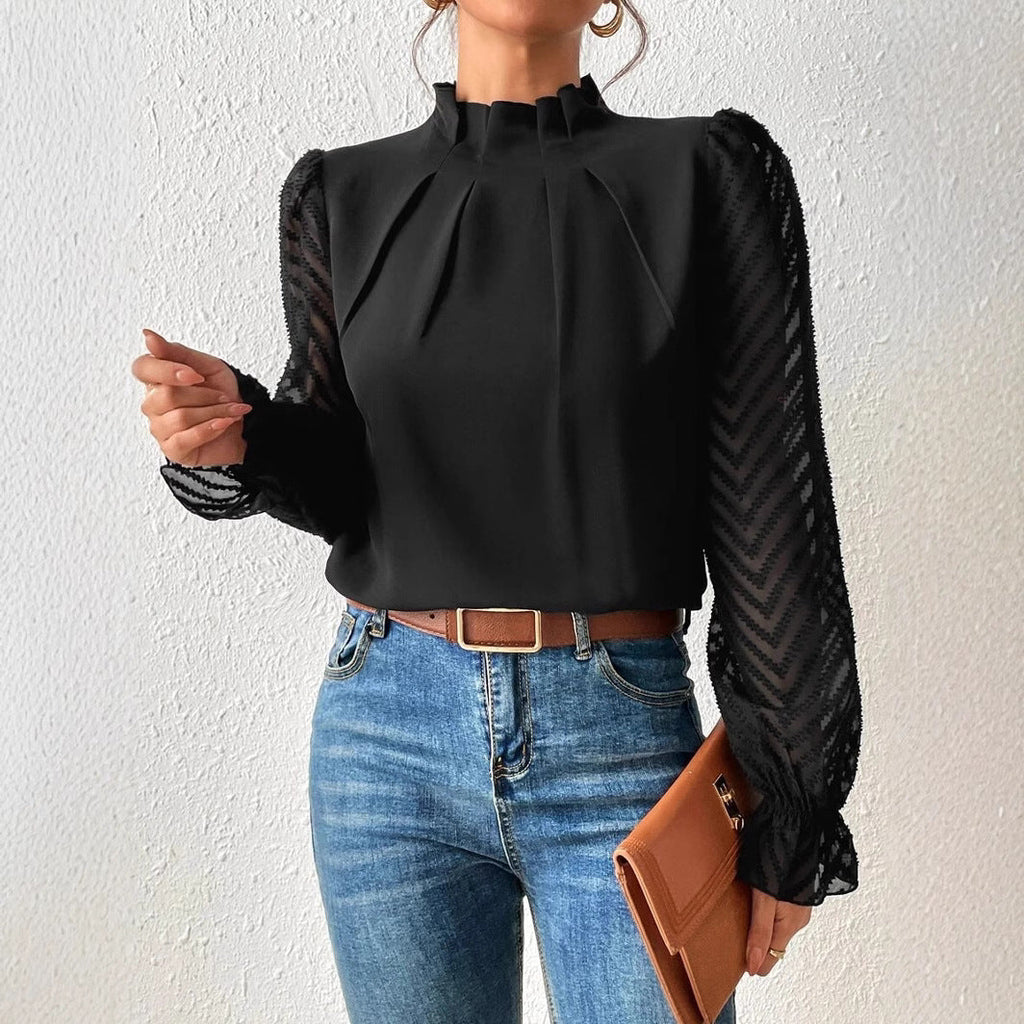 Wave Pattern Sheer Sleeves Blouse