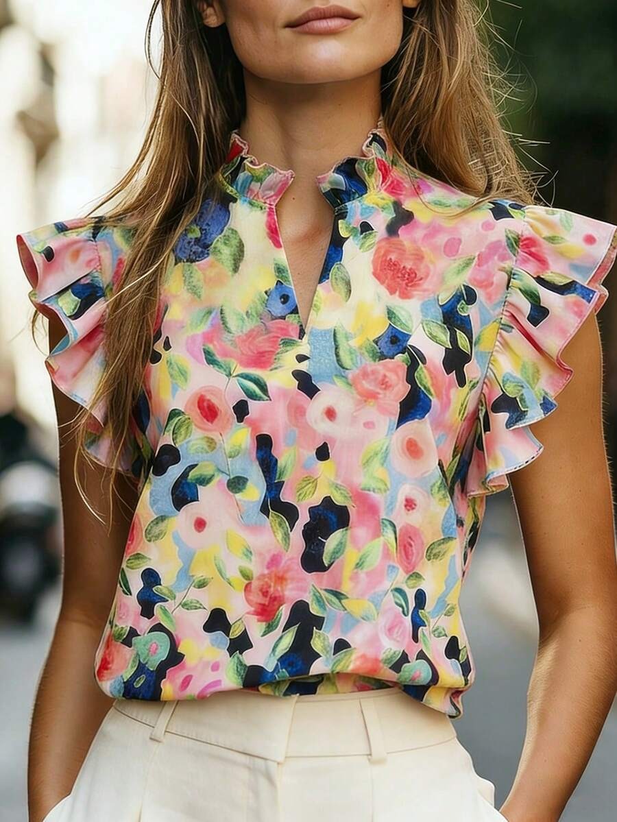 Mini Collar Ruffle-Trim Printed Top