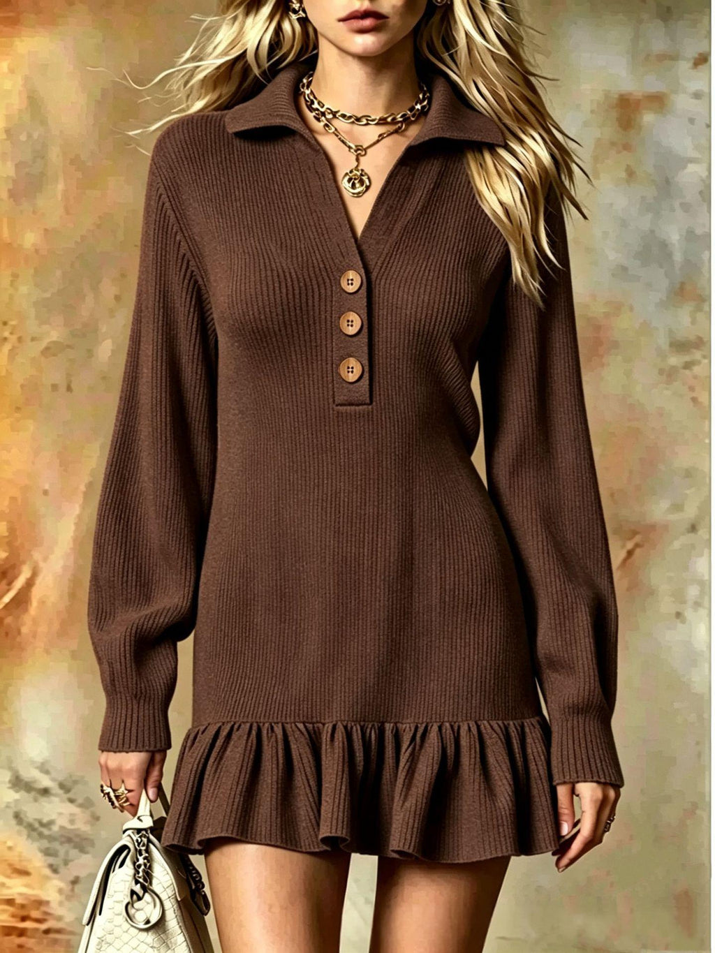 Ribbed Knit Polo Dress W/ Ruffle Hem Mini Dress