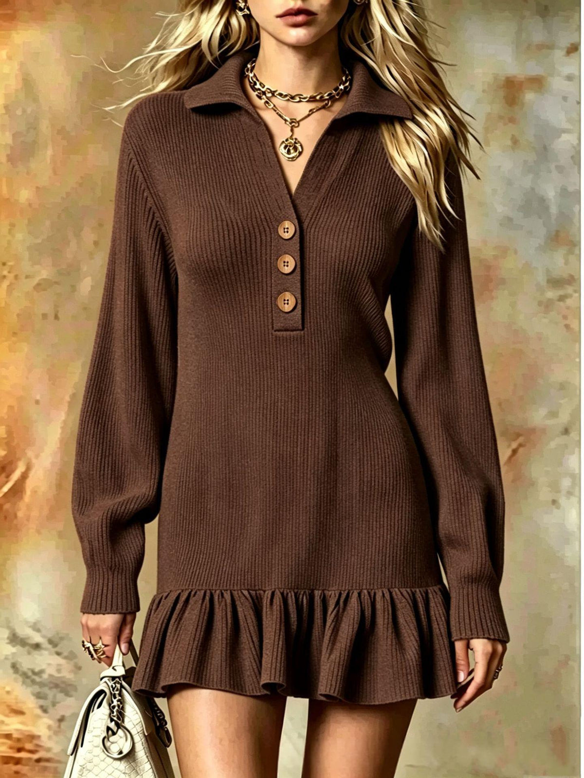 Ribbed Knit Polo Dress W/ Ruffle Hem Mini Dress