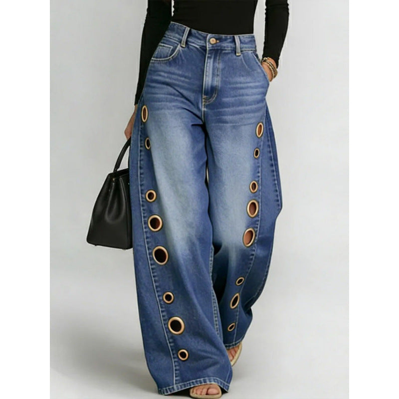 Metal Eyelet Loose Wide-Leg Jeans