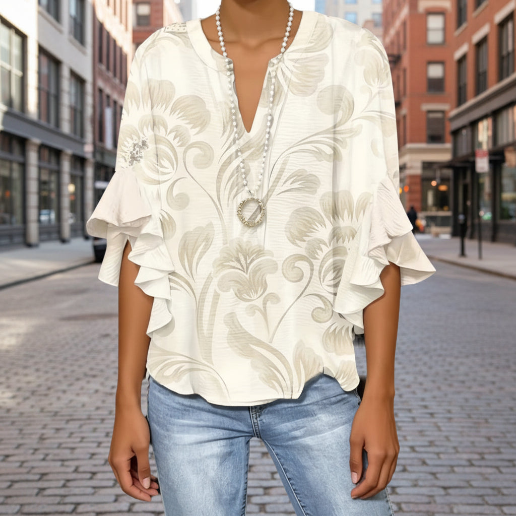 Lady 3D Print Ruffle Sleeve Loose Top