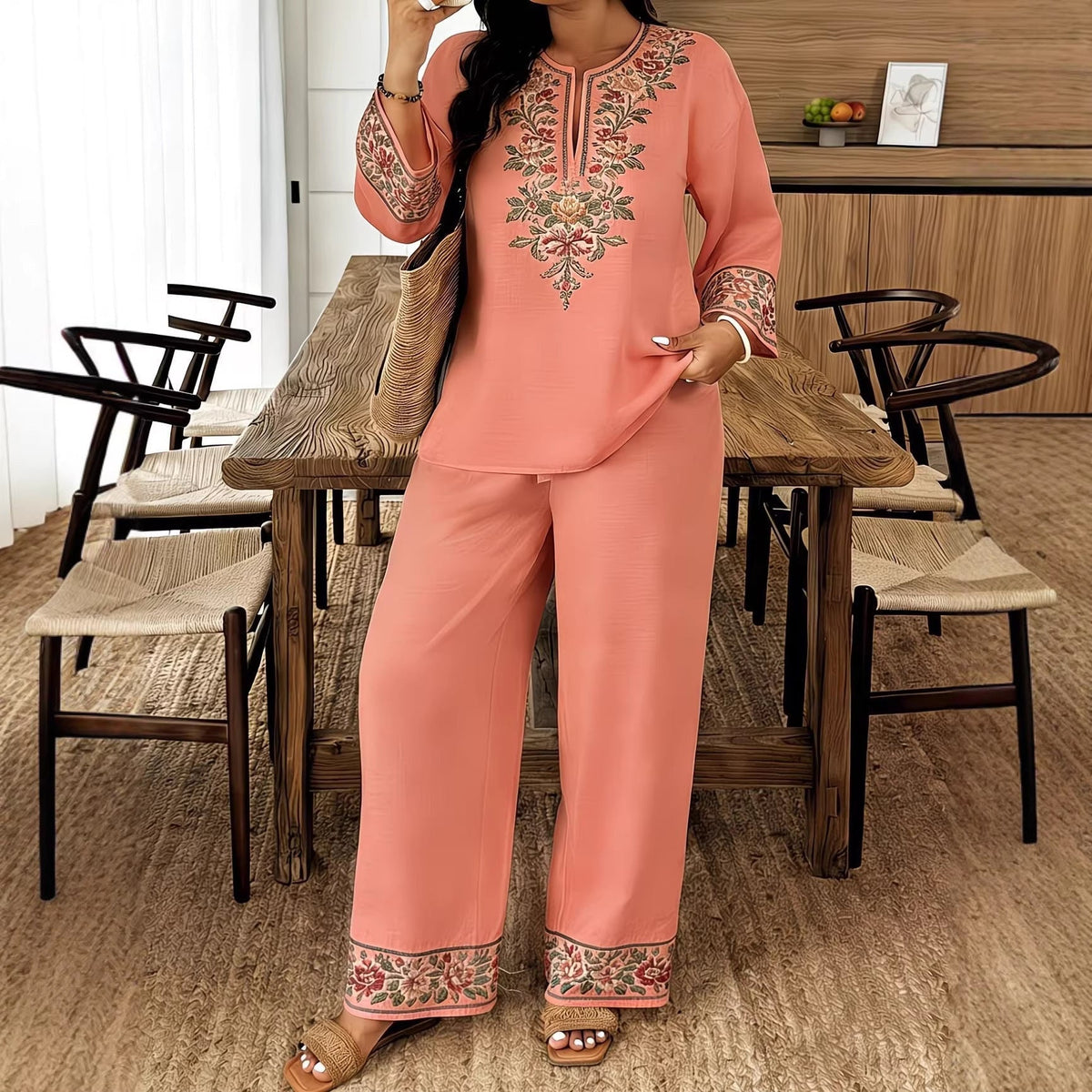 3D Two Piece Set with Long Sleeve Shirt and Cropped Pants