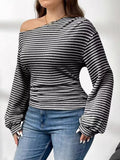 Plus Size Striped One-Shoulder Long Sleeve T-Shirt See size chart under “more details”