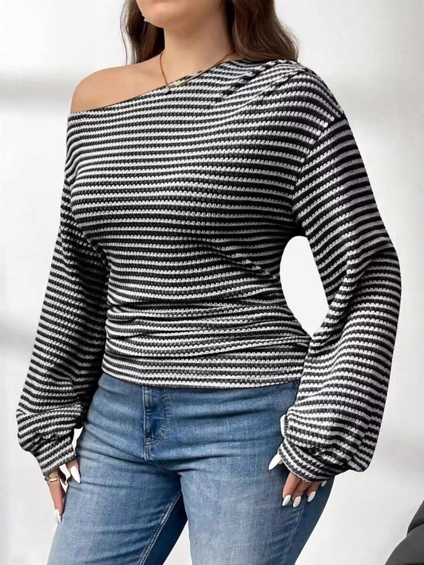 Plus Size Striped One-Shoulder Long Sleeve T-Shirt See size chart under “more details”