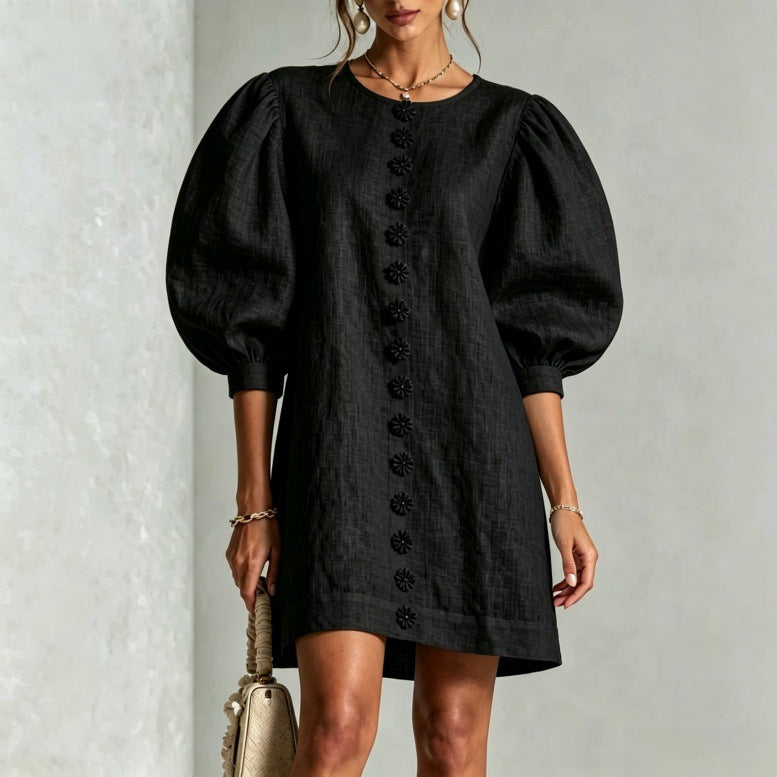 Button Front A-Line Puff Sleeve Dress