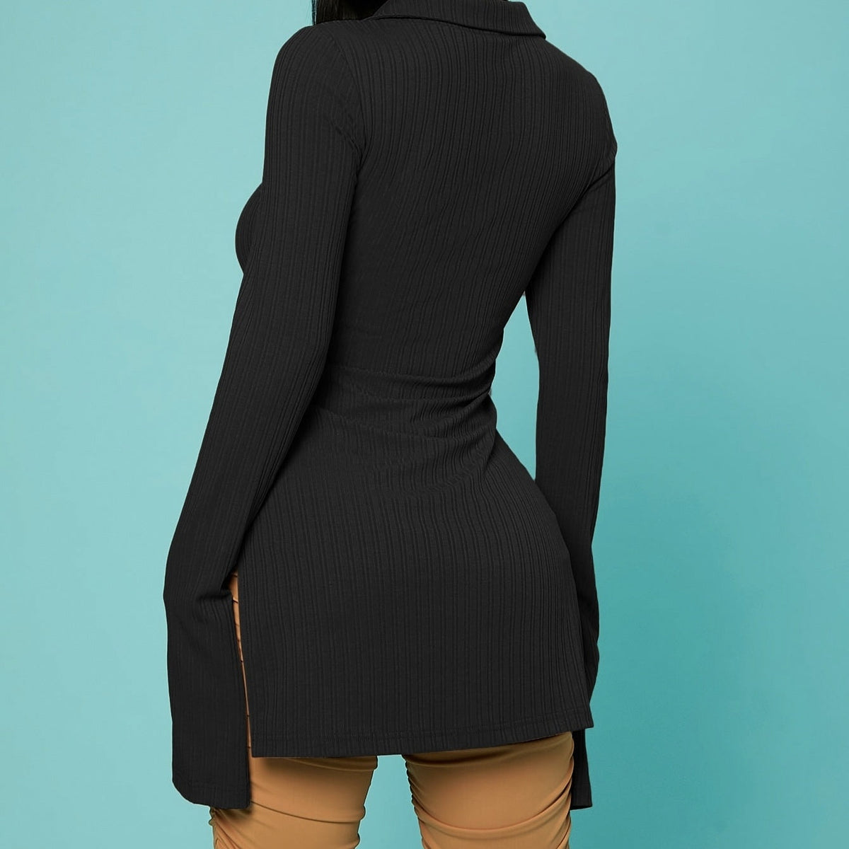 Ribbed Knit Button Cardigan Top – Black