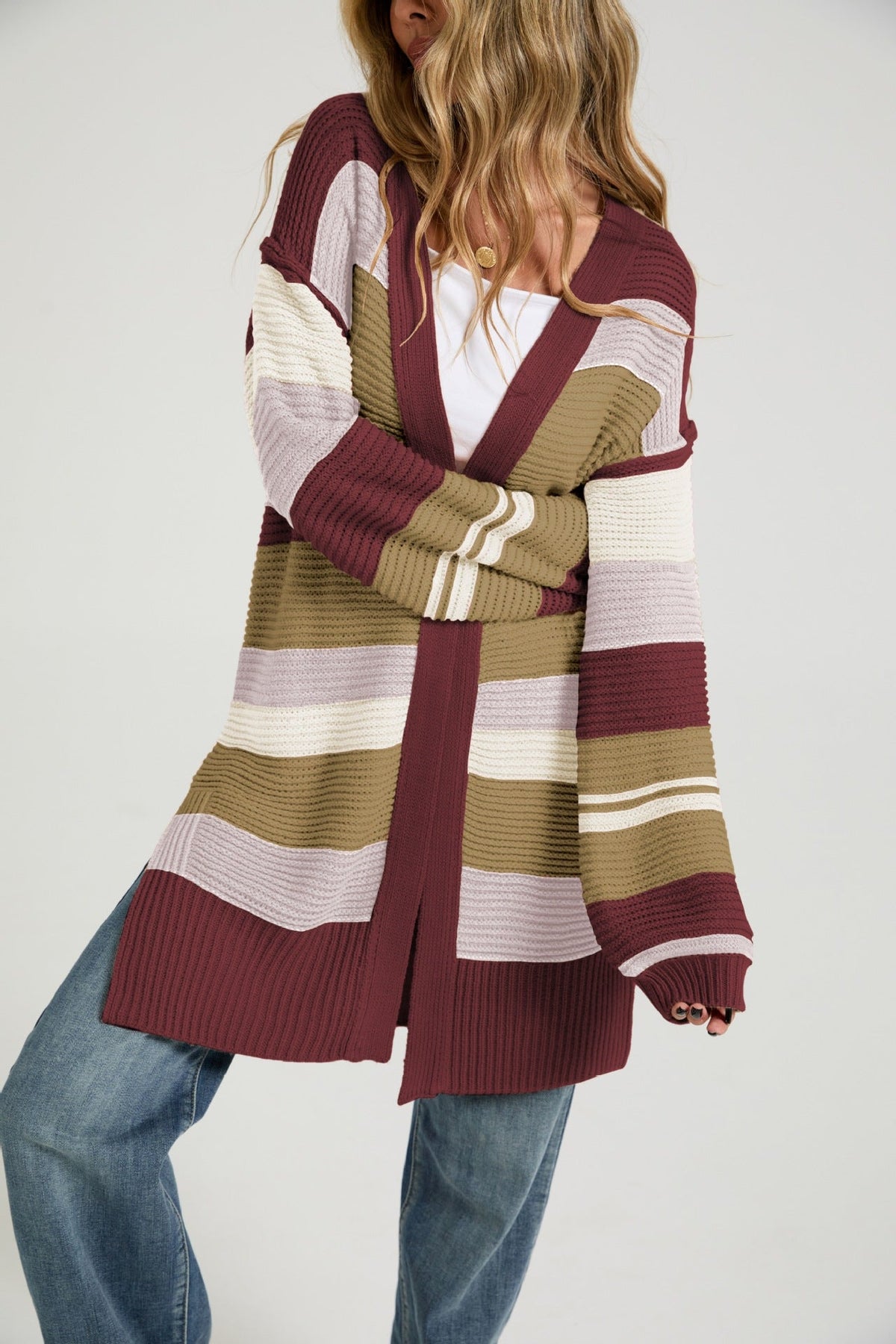 Color-Block Striped Knit Cardigan