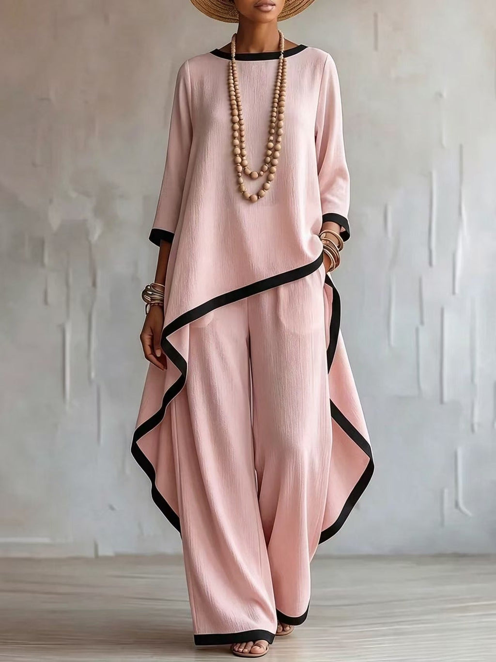 Women's Asymmetric Linen Tunic & Wide-Leg Pants Set