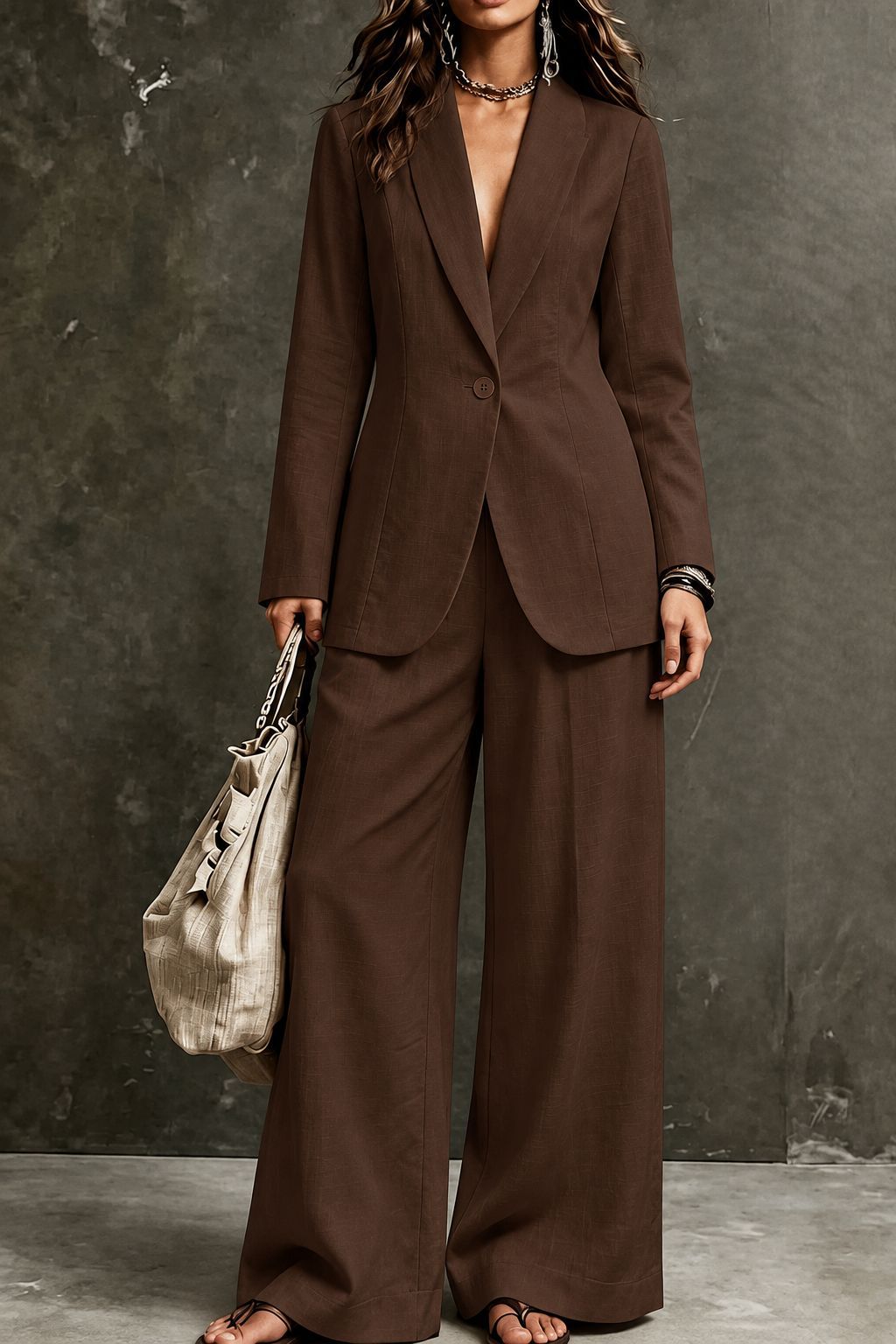 Women's Linen-Look Single-Button Blazer & Wide-Leg Trouser Suit Set